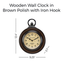 Load image into Gallery viewer, Wooden Wall Clock in Brown Polish with Iron Hook
