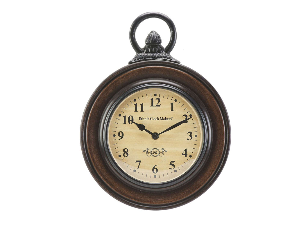 Wooden Wall Clock in Brown Polish with Iron Hook