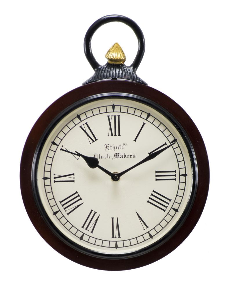 Wooden Wall Clock in Dark Polish with Iron Hook