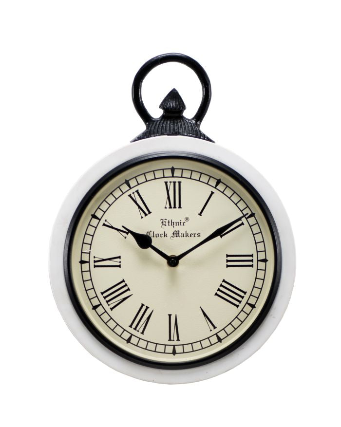 Wooden Wall Clock in White Polish with Iron Hook