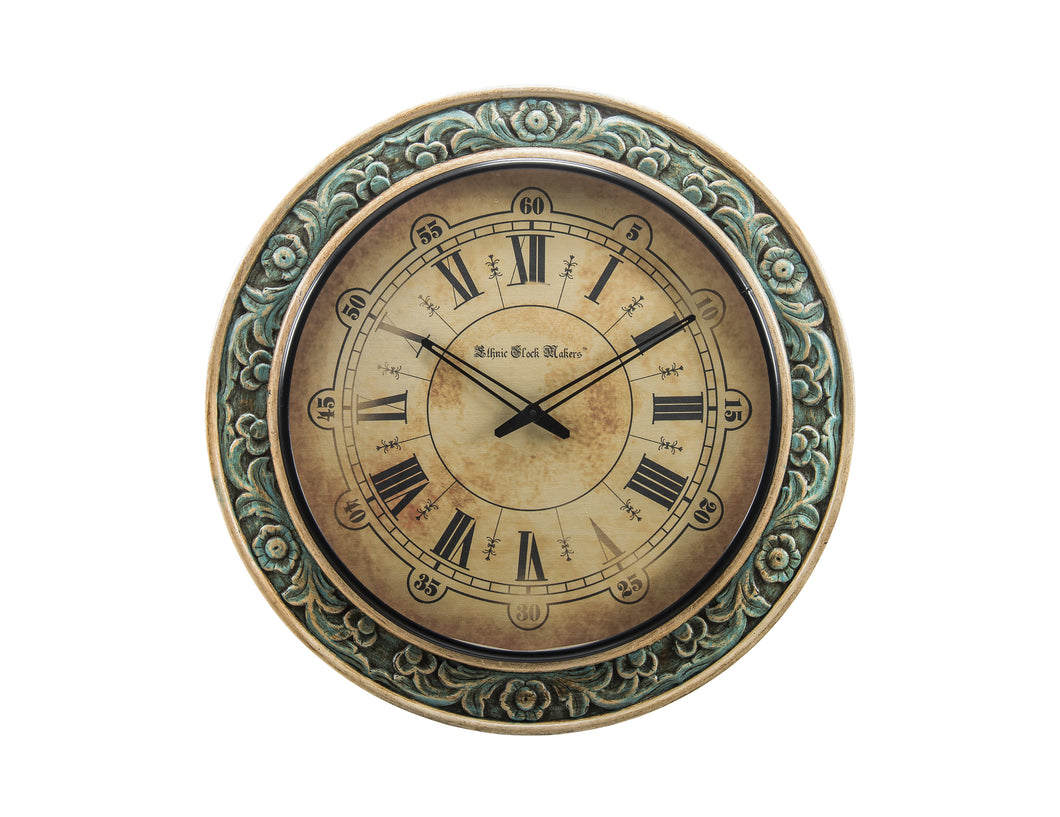 Hand Carved Antique Finish Wooden Wall Clock