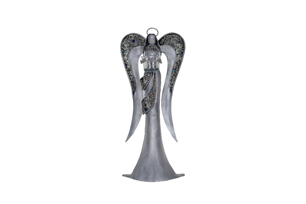 Silvery Mosaic Angel with Glass Tea Light Candle holder