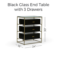 Load image into Gallery viewer, 30&quot; Tall Black 3 Drawer End/ Side Table with Glass Top
