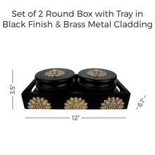 Load image into Gallery viewer, Set of 2 Round Box with Tray in Black Finish &amp; Brass Metal Cladding
