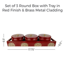 Load image into Gallery viewer, Set of 3 Round Box with Tray in Red Finish &amp; Brass Metal Cladding
