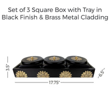 Load image into Gallery viewer, Set of 3 Square Box with Tray in Black Finish &amp; Brass Metal Cladding
