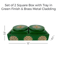 Load image into Gallery viewer, Set of 2 Square Box with Tray in Green Finish &amp; Brass Metal Cladding

