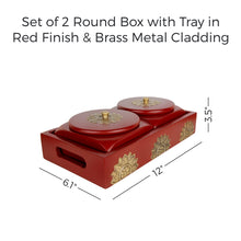 Load image into Gallery viewer, Set of 2 Square Box with Tray in Red Finish &amp; Brass Metal Cladding
