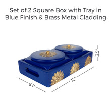 Load image into Gallery viewer, Set of 2 Square Box with Tray in Blue Finish &amp; Brass Metal Cladding
