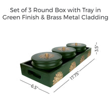 Load image into Gallery viewer, Set of 3 Round Box with Tray in Green Finish &amp; Brass Metal Cladding
