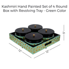 Load image into Gallery viewer, Kashmiri Hand Painted Set of 4 Round Box with Revolving Tray - Green Color
