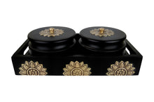 Load image into Gallery viewer, Set of 2 Round Box with Tray in Black Finish &amp; Brass Metal Cladding
