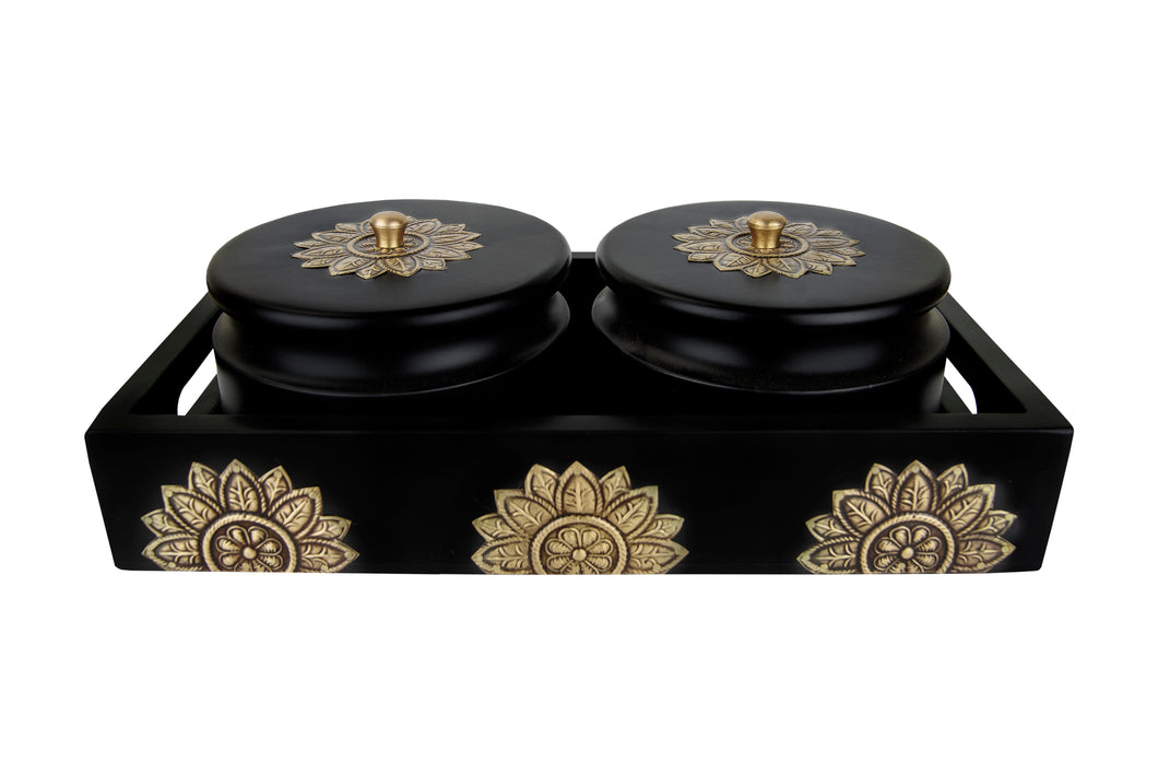 Set of 2 Round Box with Tray in Black Finish & Brass Metal Cladding