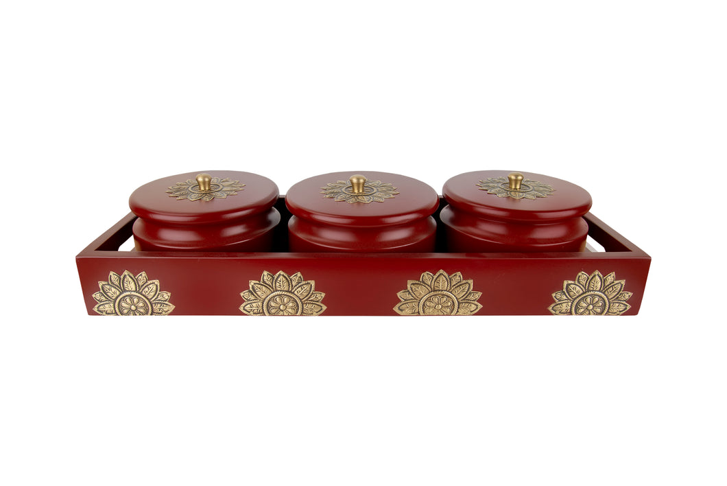 Set of 3 Round Box with Tray in Red Finish & Brass Metal Cladding