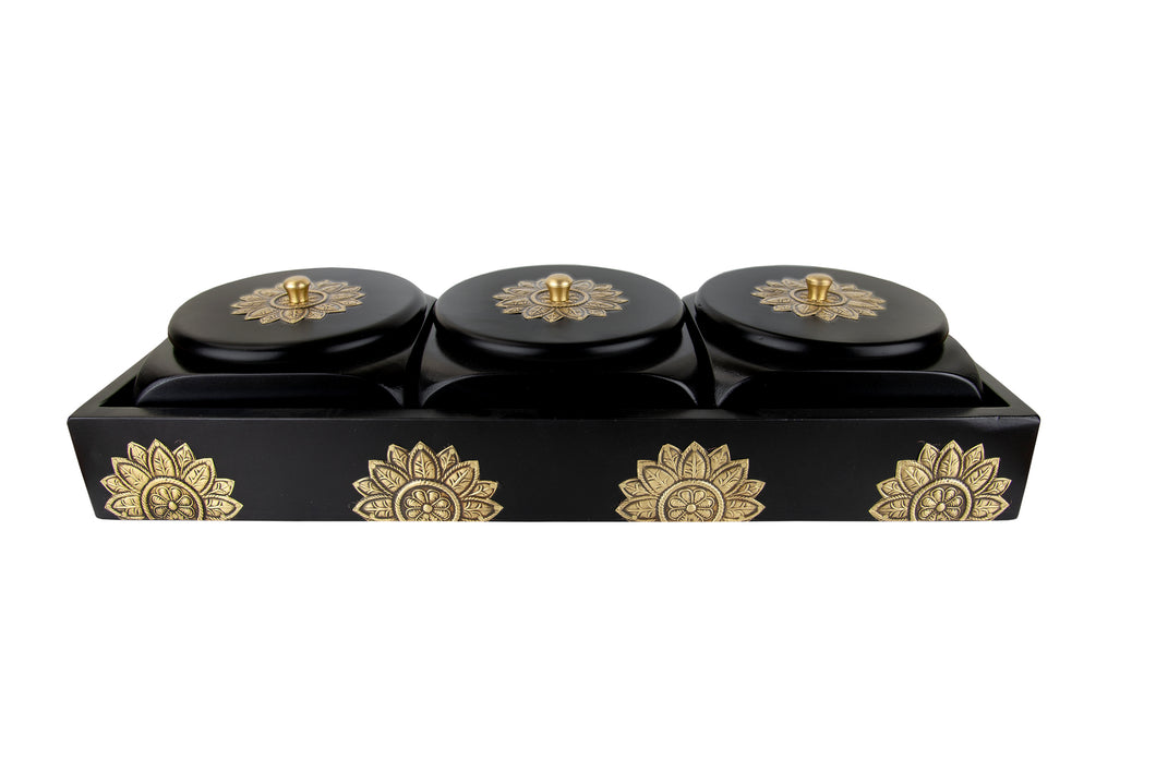 Set of 3 Square Box with Tray in Black Finish & Brass Metal Cladding