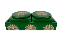 Load image into Gallery viewer, Set of 2 Square Box with Tray in Green Finish &amp; Brass Metal Cladding
