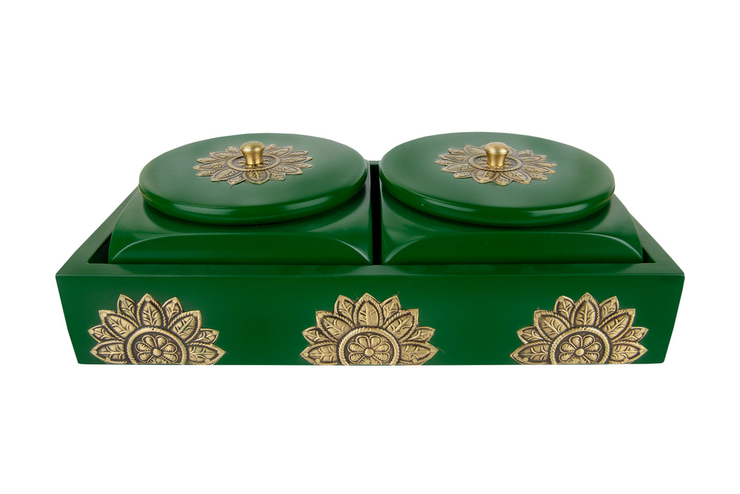 Set of 2 Square Box with Tray in Green Finish & Brass Metal Cladding