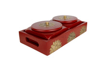 Load image into Gallery viewer, Set of 2 Square Box with Tray in Red Finish &amp; Brass Metal Cladding
