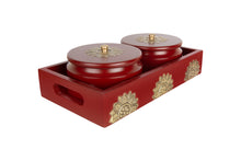 Load image into Gallery viewer, Set of 2 Round Box with Tray in Red Finish &amp; Brass Metal Cladding
