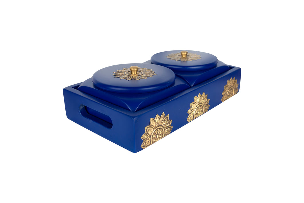 Set of 2 Square Box with Tray in Blue Finish & Brass Metal Cladding