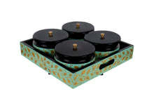Load image into Gallery viewer, Kashmiri Hand Painted Set of 4 Round Box with Revolving Tray - Green Color

