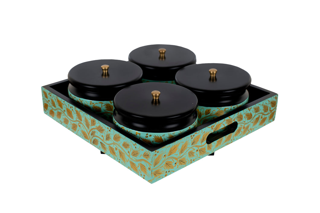 Kashmiri Hand Painted Set of 4 Round Box with Revolving Tray - Green Color