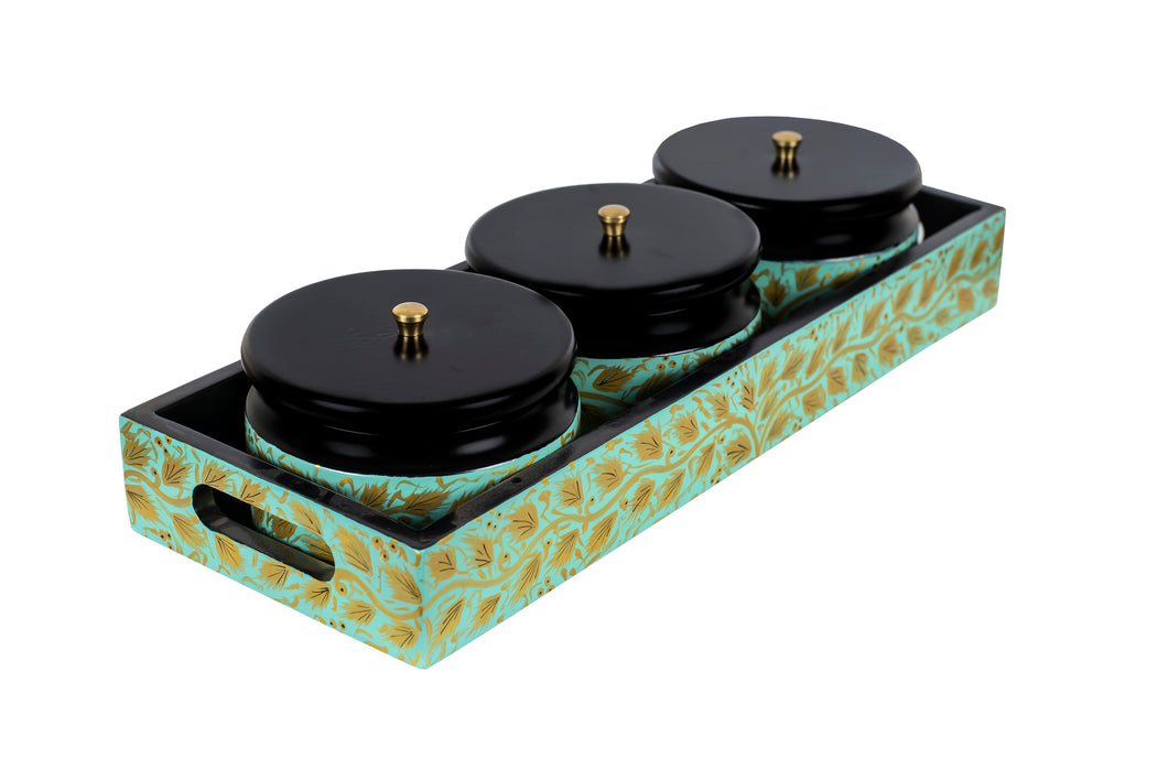 Kashmiri Hand Painted Set of 3 Round Box with Tray - Green Color