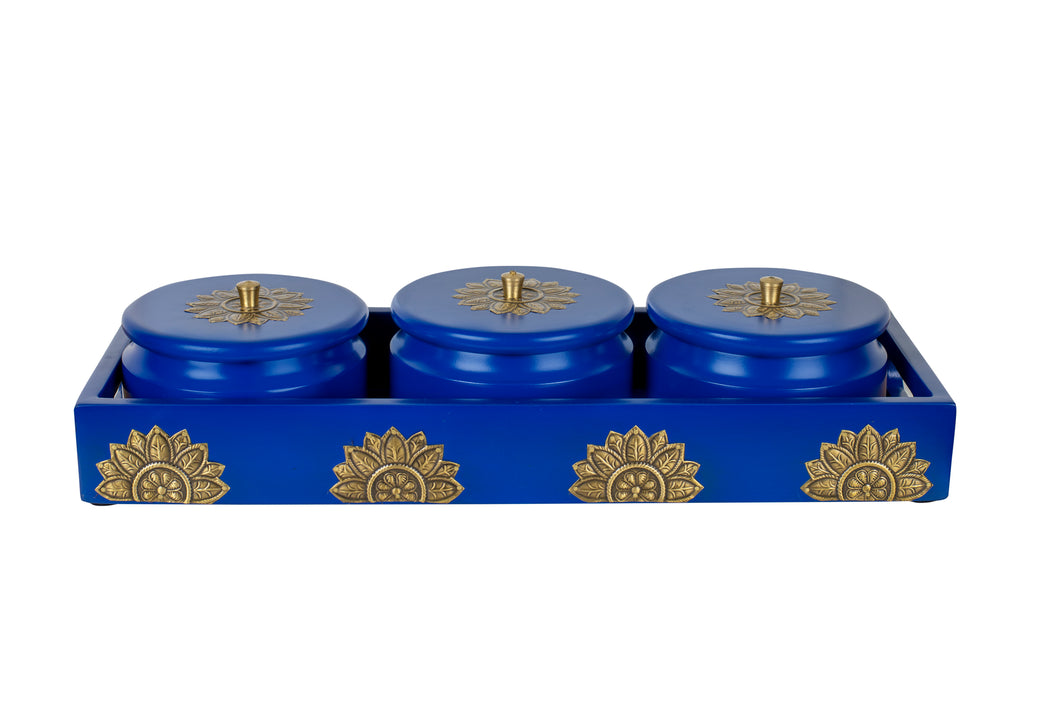 Set of 3 Round Box with Tray in Blue Finish & Brass Metal Cladding